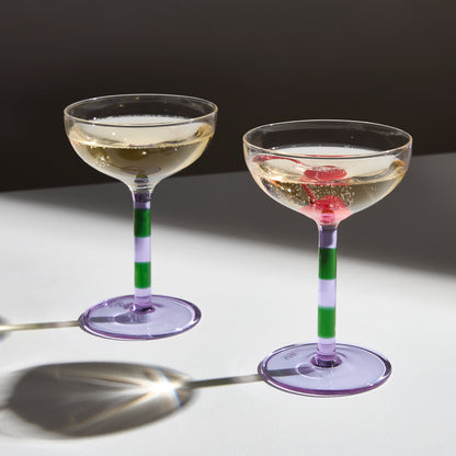 TWO x STRIPED COUPE GLASSES - LILAC + GREEN - Fazeek Drinkware Coupe Glass