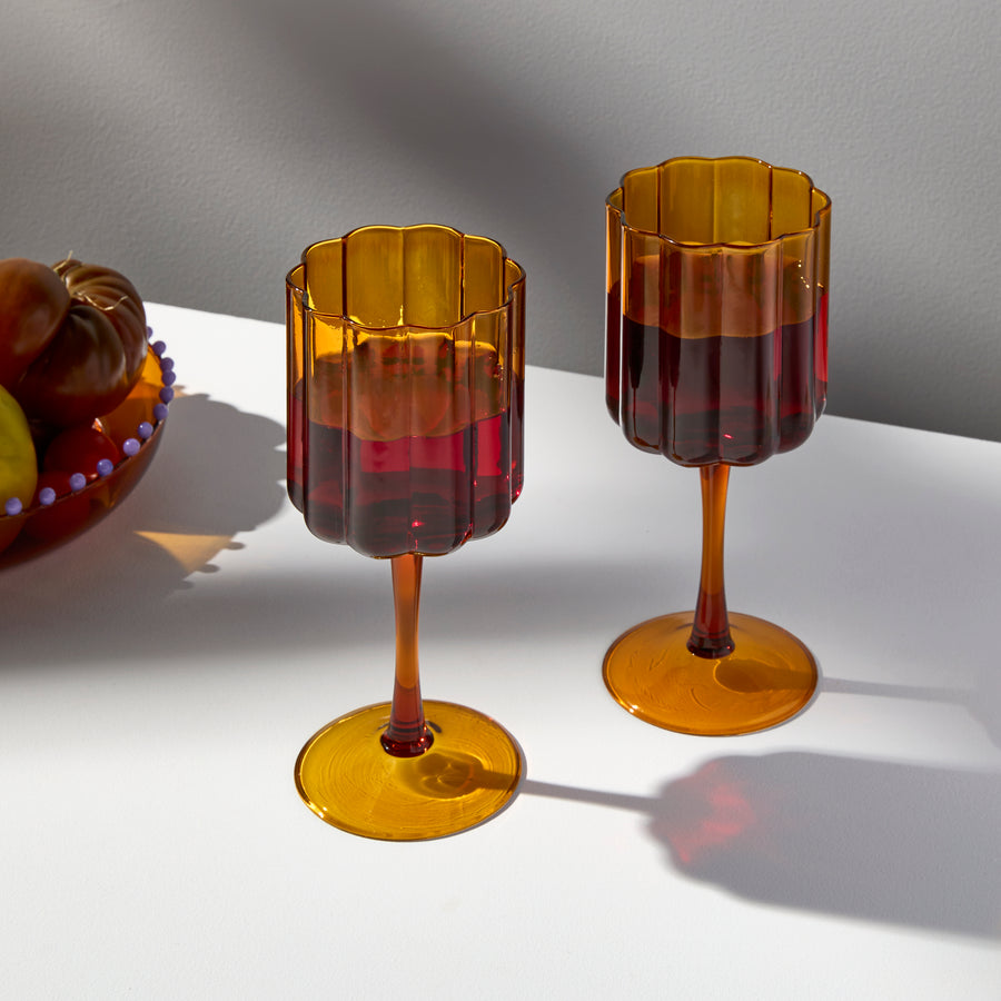 TWO x WAVE WINE GLASSES - AMBER - Fazeek Drinkware Wine Glass