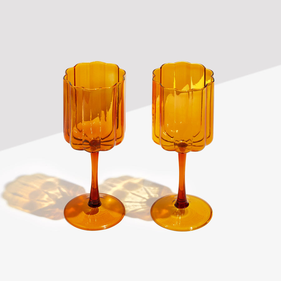 TWO x WAVE WINE GLASSES - AMBER - Fazeek Drinkware Wine Glass